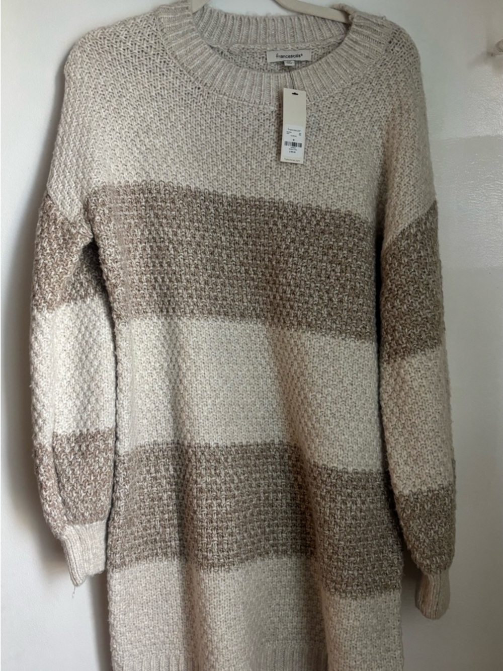 Francesca's Collections Chunky Stripe Crewneck Sweater Dress in Cream & Tan
